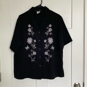 Bon Worth Women’s Embroidered Flower Black Button Up Blouse, Size L
